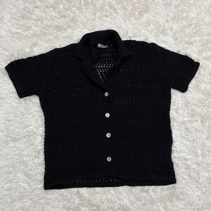 Black Knit Zara summer beach button up top with collar and short sleeves
